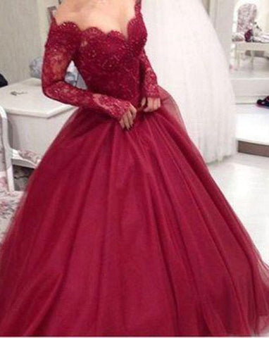 Red A-Line Tulle Prom Dresses with Long Sleeve and Natural Lace, PD2310135