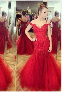 Red Appliques Mermaid Tulle Prom Dresses with Floor-Length, PD2310138