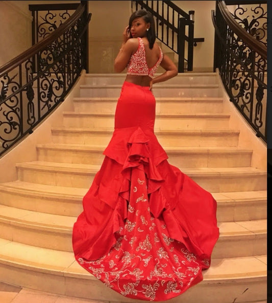 Red Two-Piece Mermaid Satin Prom Gown, PD2310317
