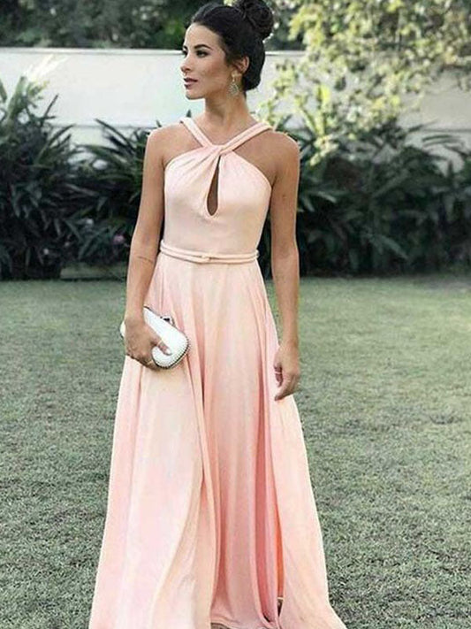 Sexy Cut Out A-Line Pearl Pink Chiffon Sash Pleated Long Halter Prom Dresses, PD2401268