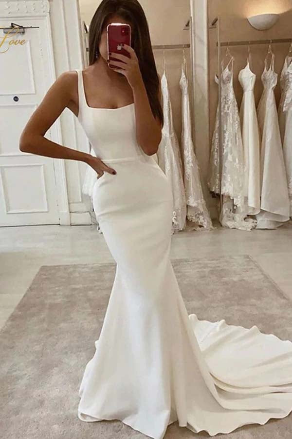 Satin Mermaid Wedding Dress with Square Neck and Train, WD2404125