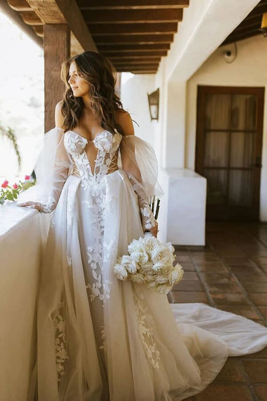 Bohemian Wedding Dress with Long Sleeves and Off-Shoulder Lace Appliques, WD2402012