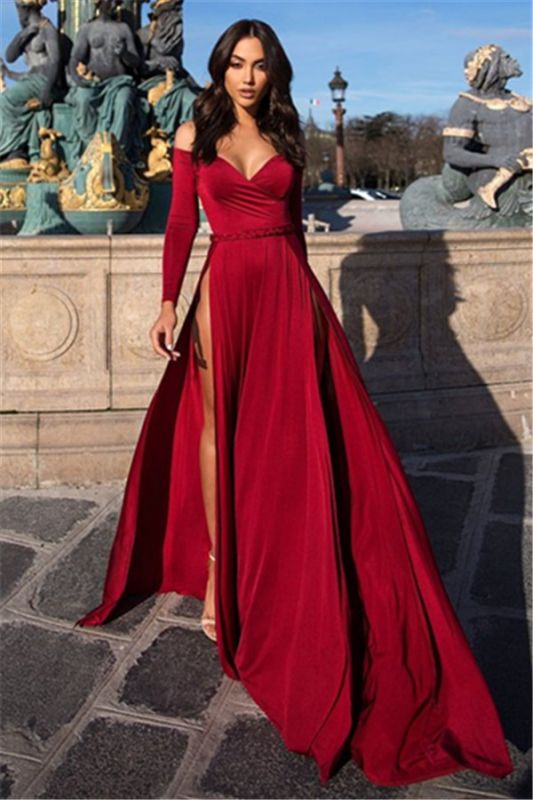 Side Slit Sweetheart Long Sleeves Burgundy A-Line Prom Dress, PD2306219