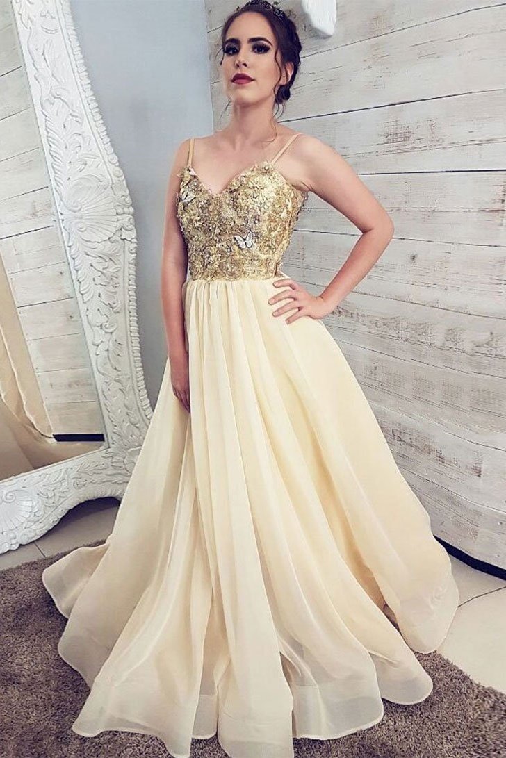 Daffodil Sweetheart Lace Chiffon Spaghetti Straps A-Line Prom Dress, PD2306019