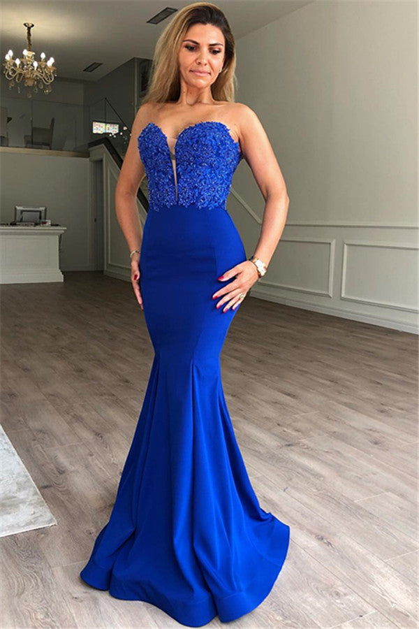 Royal Blue Satin Sweetheart Mermaid Prom Dress with Appliques, PD23050817