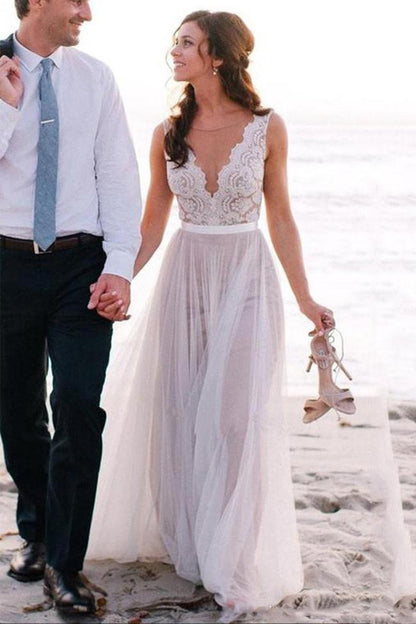 Deep V-Neck Tulle Beach Wedding Dress with Lace Appliques, WD2305041
