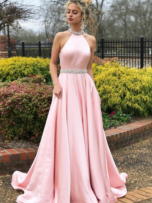 Simple Elegant Pleated A-Line Pink Satin Rhinestone Halter Prom Dress, PD2401306