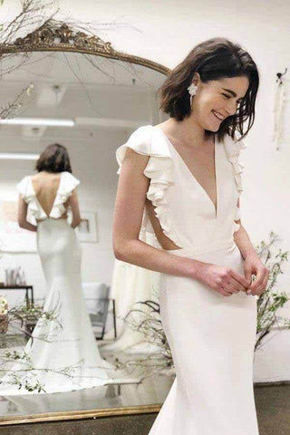 Mermaid Wedding Dress with Backless Design, Cap Sleeves, and V-neck, WD2402019
