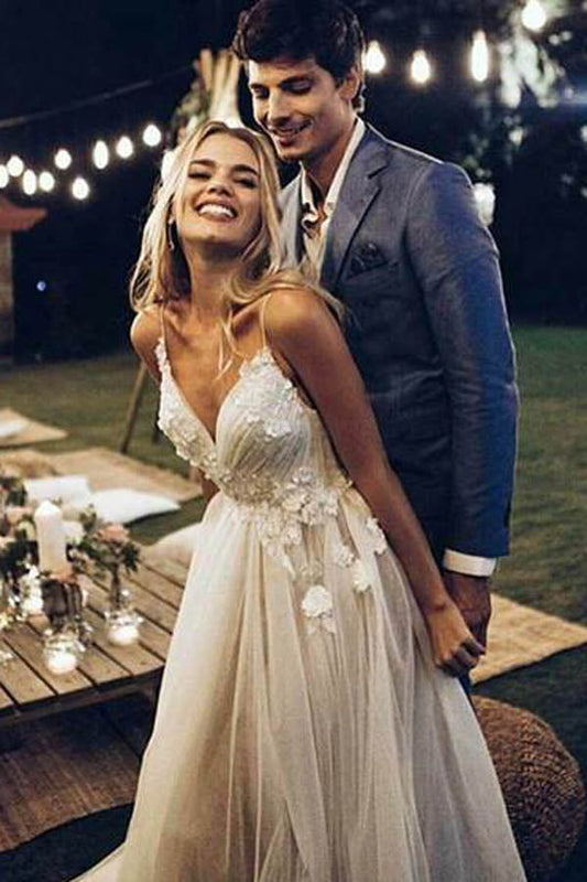 Spaghetti Strap Backless V-neck Beach Wedding Dress, WD23050312