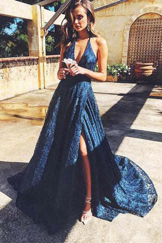 Royal Blue Lace A-Line V Neck Side Slit Prom Dress, PD2306265