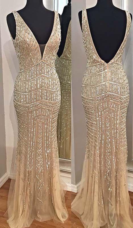 Champagne Deep V-Neck Prom Dress with Beads, PD2306112
