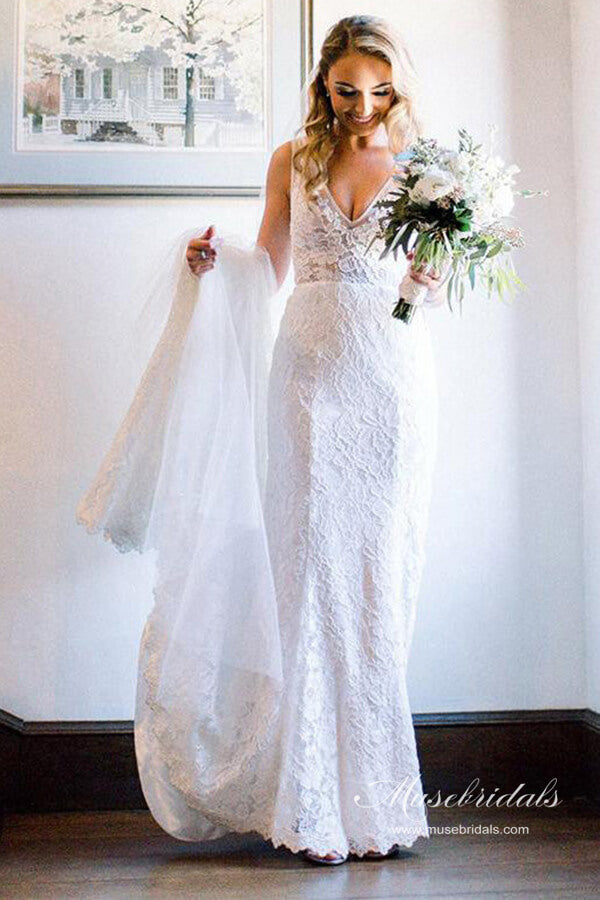 Ivory Lace Mermaid Backless V-neck Beach Wedding Dress, WD2310181