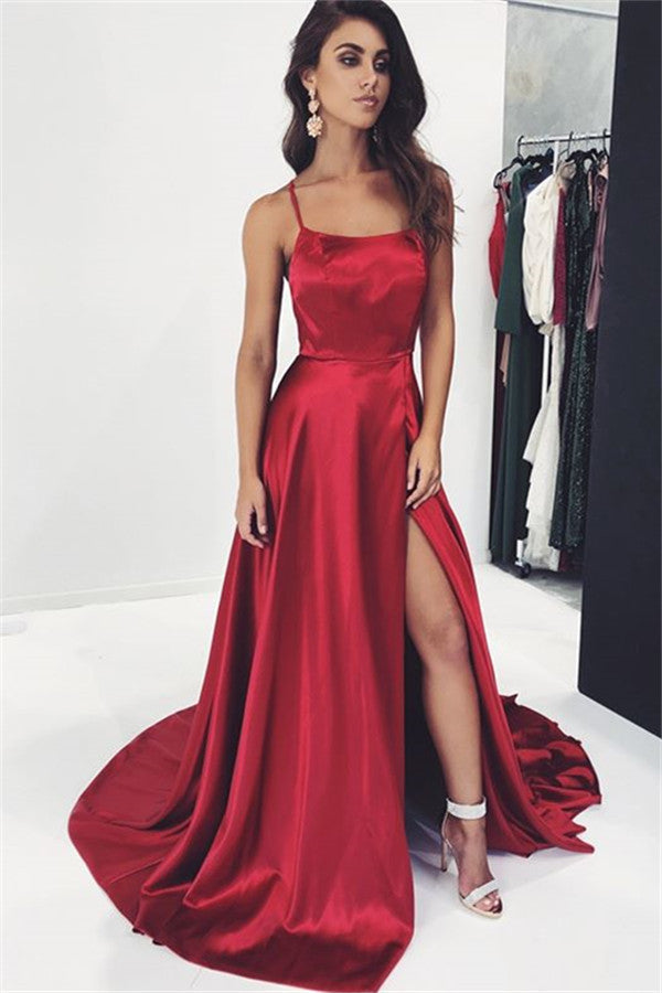 Side Slit Elastic Satin Red Halter A-Line Prom Dress, PD2306217