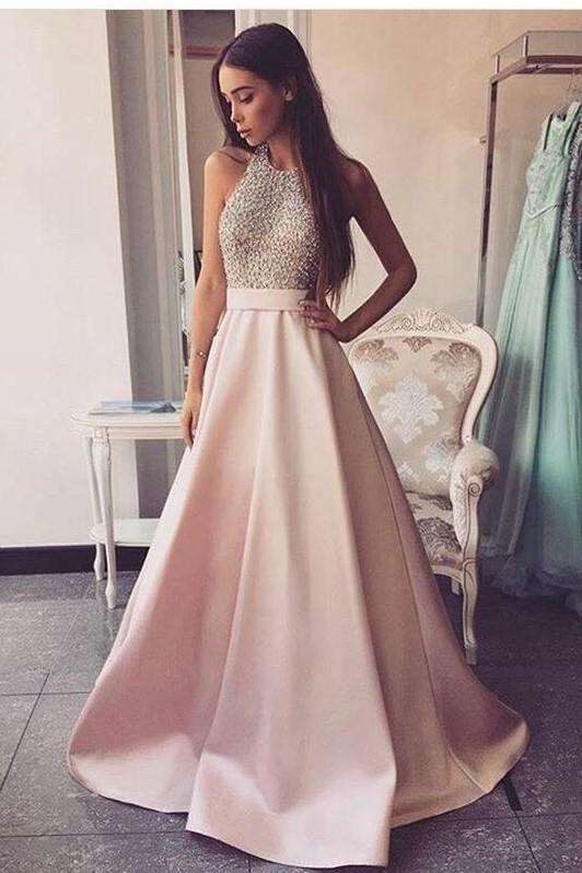 Pink Backless Halter A-Line Satin Beaded Prom Dress, PD2308252