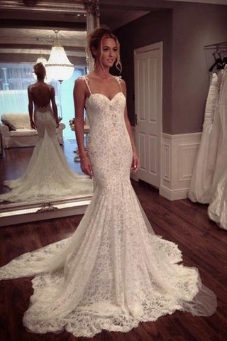 Modest Lace Mermaid Wedding Dress with Spaghetti Straps for Summer Weddings, WD2306262