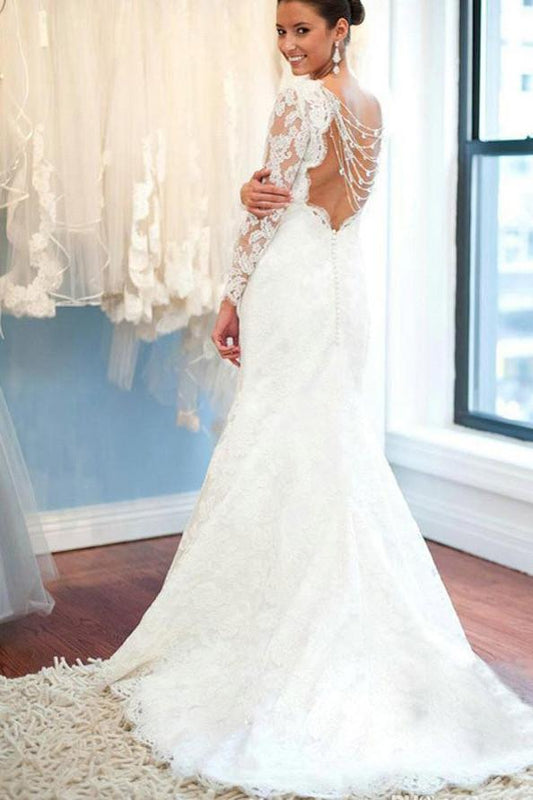 Backless Lace Mermaid Wedding Dress with Round Neck and Long Sleeves, WD2305081