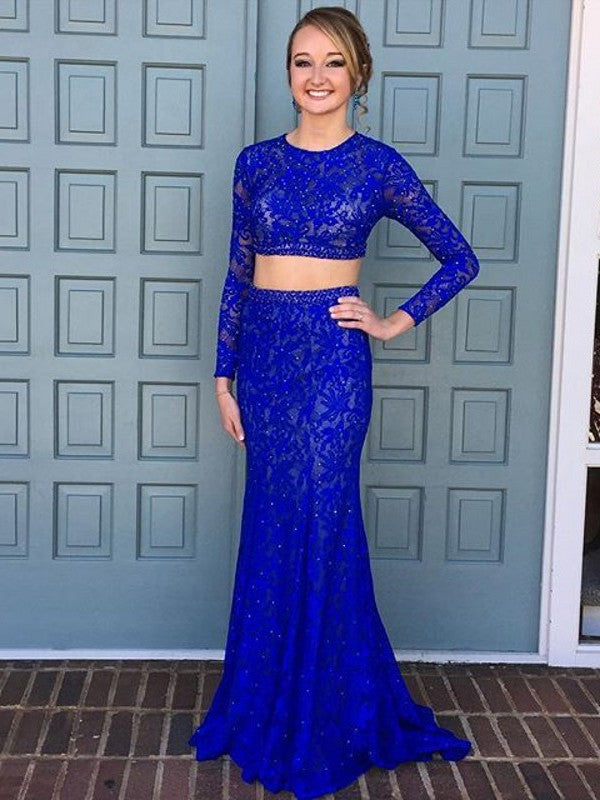 Royal Blue Sheath Long Sleeves Lace Two-Piece Prom Dress, PD2310072