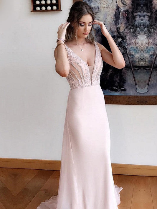 Blushing Pink Sheath V Neck Beaded Chiffon Long Prom Dress, PD2310032