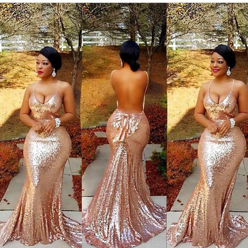Gold Low Cut Spaghetti Strap Backless Sequined Prom Dresses, PD2310112