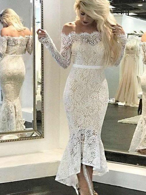 Lace Off-the-Shoulder Long Sleeve Bodycon Evening Prom Dresses, PD2401223