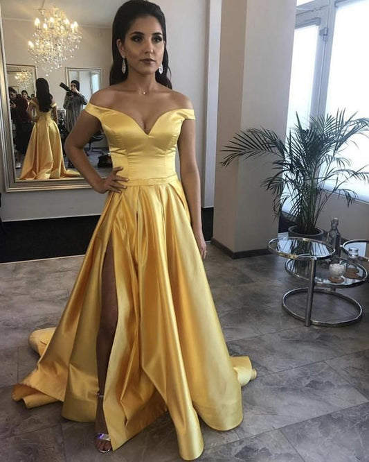 Satin Daffodil Off Shoulder Sweetheart Side Slit Long A-Line Prom Dress, PD2306210