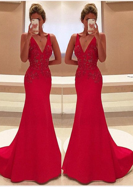 Red Appliques Satin Prom Dresses with V-Neck and Sweep Train , PD23101310