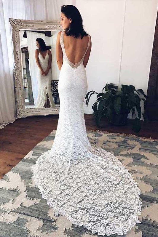 White Mermaid Wedding Dress with Deep V-Neck and Split, WD2305169