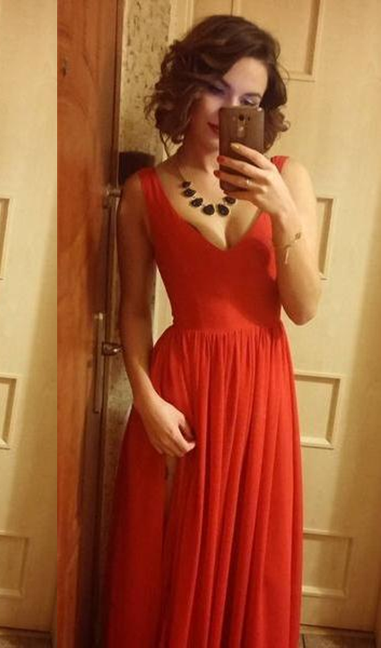 Red A-Line Chiffon Straps Long Prom Dress, PD2310161
