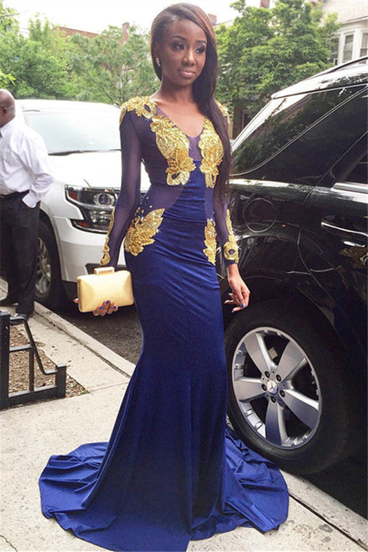 Royal Charm Sheath Prom Dress with V-Neck, Long Sleeves, and Gold Appliques, PD2305118