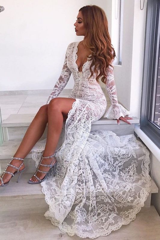 White Lace Mermaid Prom Dress with Sweetheart Neckline and Long Sleeves, PD2305154