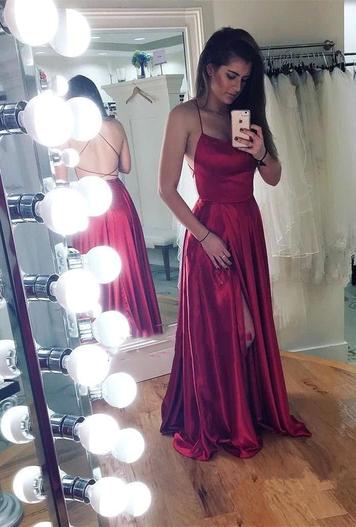 Burgundy Elastic Satin A-Line Prom Dress with Side Slit and Backless Lace-Up Back, PD2305203