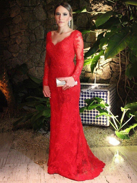 Sheath Long Sleeves Red Lace Backless Sweetheart Prom Dress, PD2310076