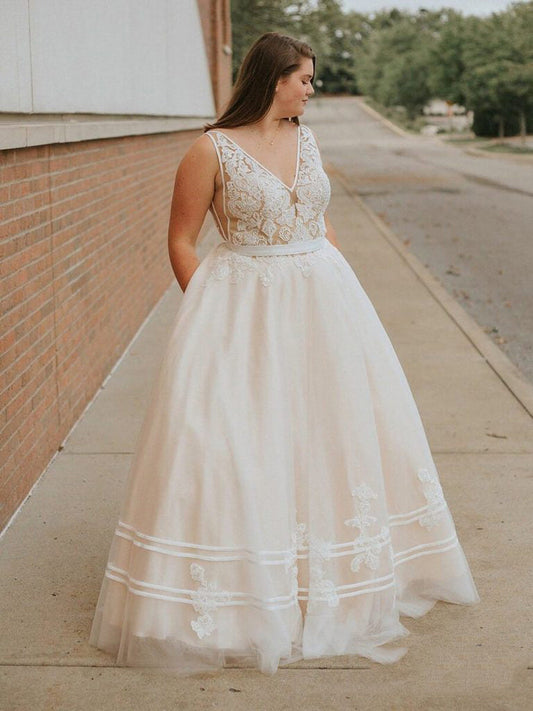 Ivory Ball Gown Sleeveless Lace Applique Tulle Plus Size Prom Dress , PD2310108