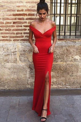 Elegant Red Off Shoulder Sweetheart Side Slit Sheath Prom Dress, PD2305182