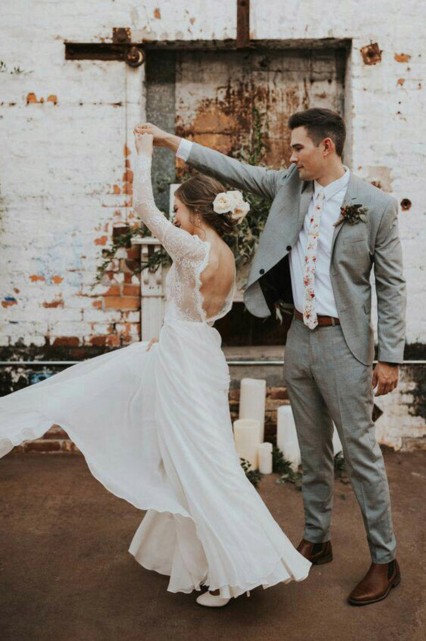 Romantic Boho Beach Lace Wedding Dress with Long, WD2304255