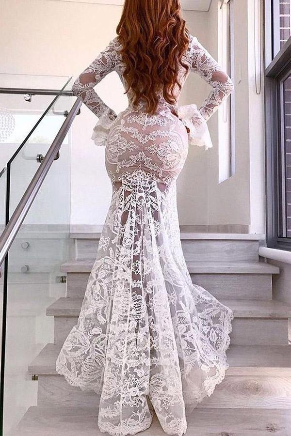 Elegant Lace Mermaid Deep V-Neck Wedding Gown | Long Sleeves | JLDressCA Elegant Lace Mermaid Deep V-Neck Wedding Gown | Long Sleeves | JLDressCA