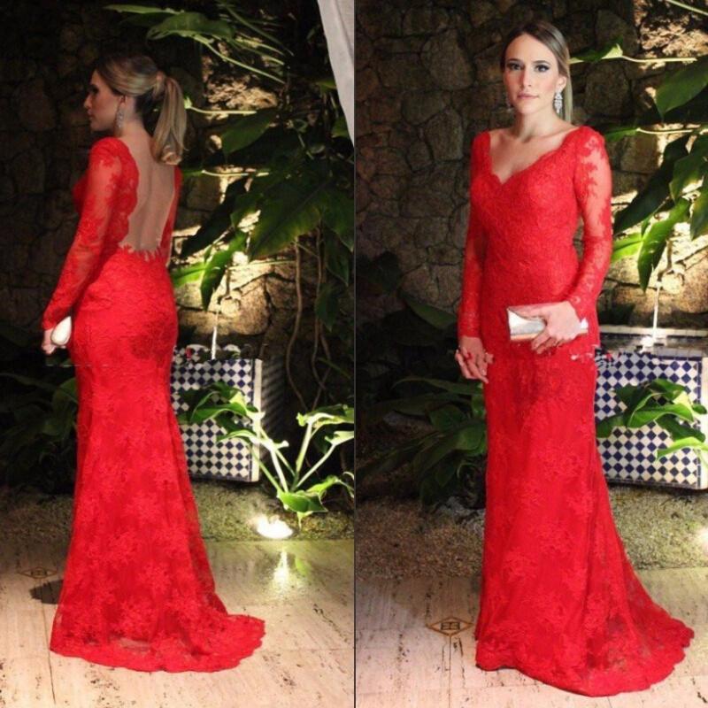 Sheath Long Sleeves Red Lace Backless Sweetheart Prom Dress, PD2310076