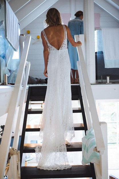 Ivory Lace Mermaid Open Back V-neck Long Beach Wedding Dress, WD2310184