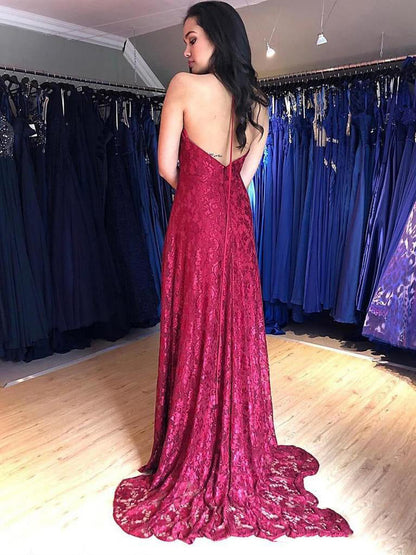 Red Sheath Lace V-Neck Sleeveless Backless Split-Front Prom Dresses, PD2310116