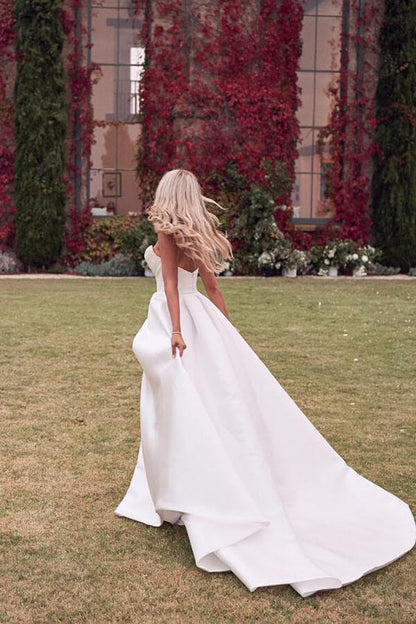 Ivory Satin A-line Strapless Court Train Wedding Dress With Thigh Slit, WD2310198