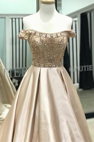 Champagne Off Shoulder A-Line Satin Beaded Prom Dress, PD2308250