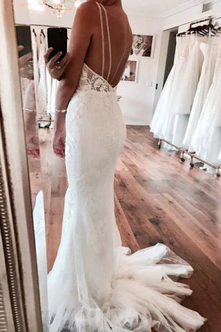 Ivory Mermaid Backless Deep V-neck Lace Wedding Dress, WD23101810