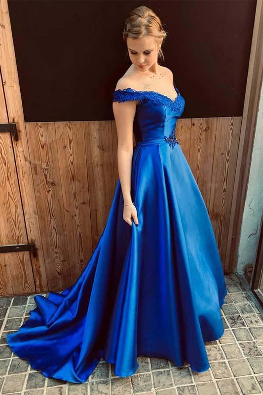 Off-Shoulder Royal Blue Satin A-Line Prom Dress with Lace-Up Back, PD2310064