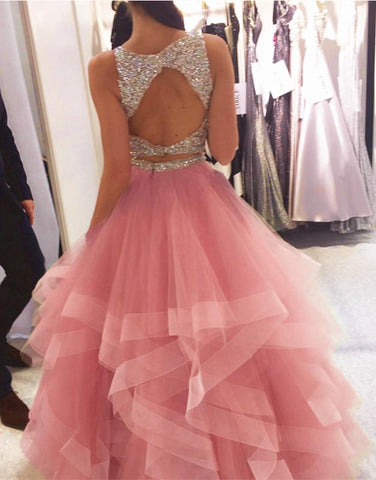 Champagne Two-Piece Prom Dress with A-Line Ruffles, Tulle Fabric, and Beaded Details, PD2306130