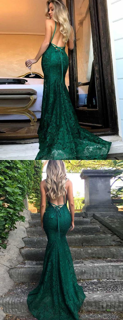 Spaghetti Straps Trumpet Mermaid Dark Green Lace Off-the-Shoulder Prom Dress Formal Dress Bridesmaid Dress, BD2306224
