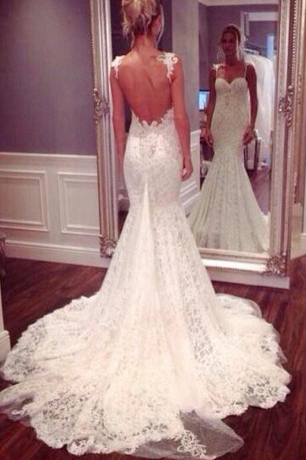 Backless White Lace Mermaid Bridal Gown, WD2305141