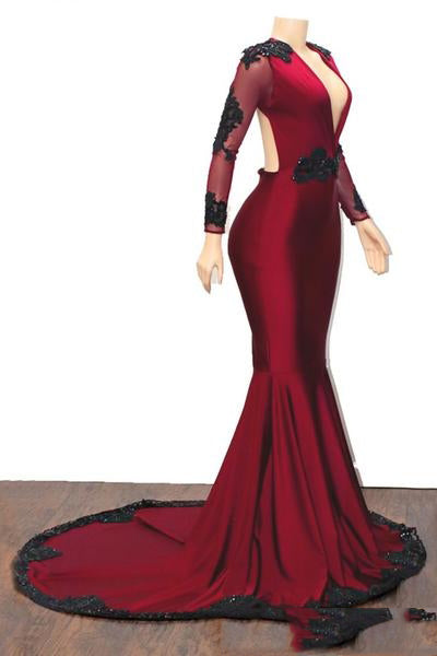 V-Neck Long Sleeve Beaded Backless Satin Mermaid Prom Dress, PD2310049