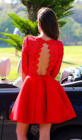 Cute A-Line Red Knee Length Half Sleeves Lace Short Tulle Prom Dresses, PD2308093