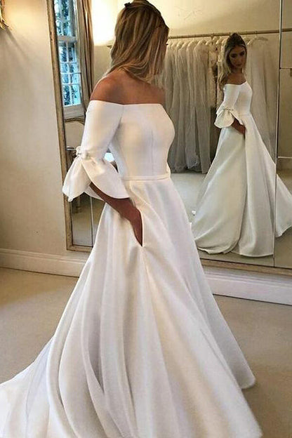 Ivory Satin A-line Sleeves Off Shoulder Wedding Dress with Pockets, WD2310196
