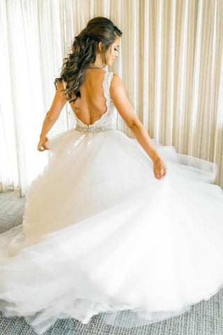Ivory Rhinestone V Neck Tulle Ball Gown Wedding Dresses, Bridal Gown, WD24012510